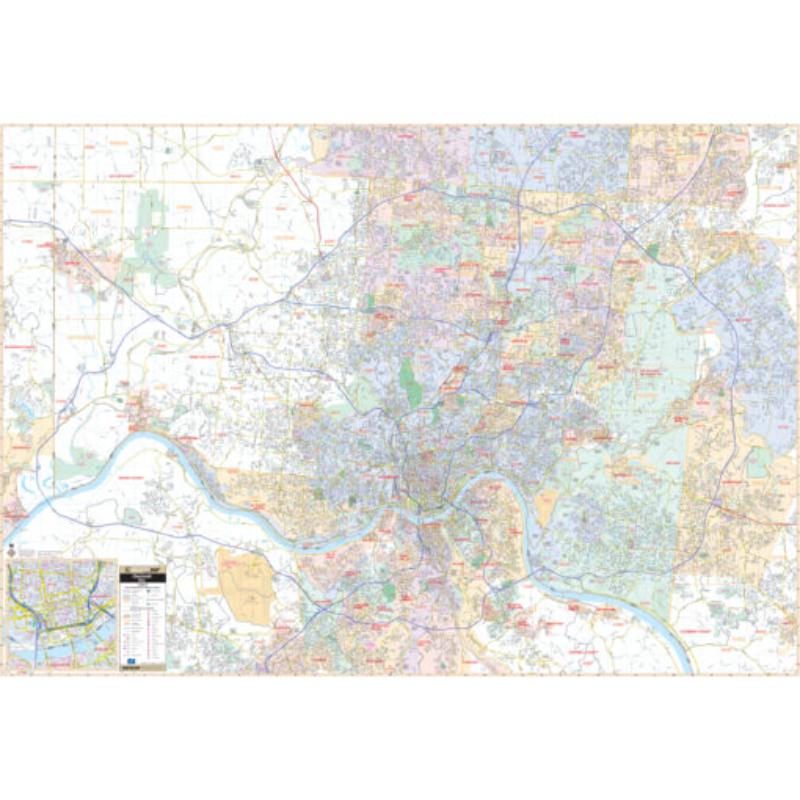 KA-C-OH-CINCINNATI-lam-rails-walnut Cincinnati, OH Wall Map, Laminated with Rails - Walnut Molding - 75 x 52 in.