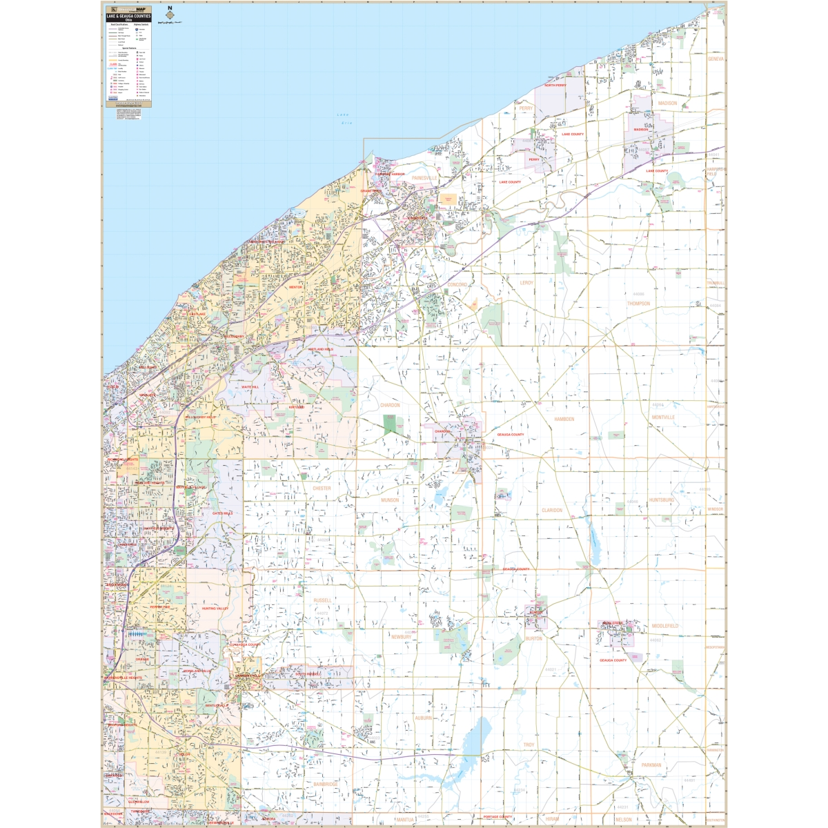 KA-C-OH-LAKEGEAUGA-springroller-sr Lake & Geauga Counties, OH Wall Map - 57 x 75 in.