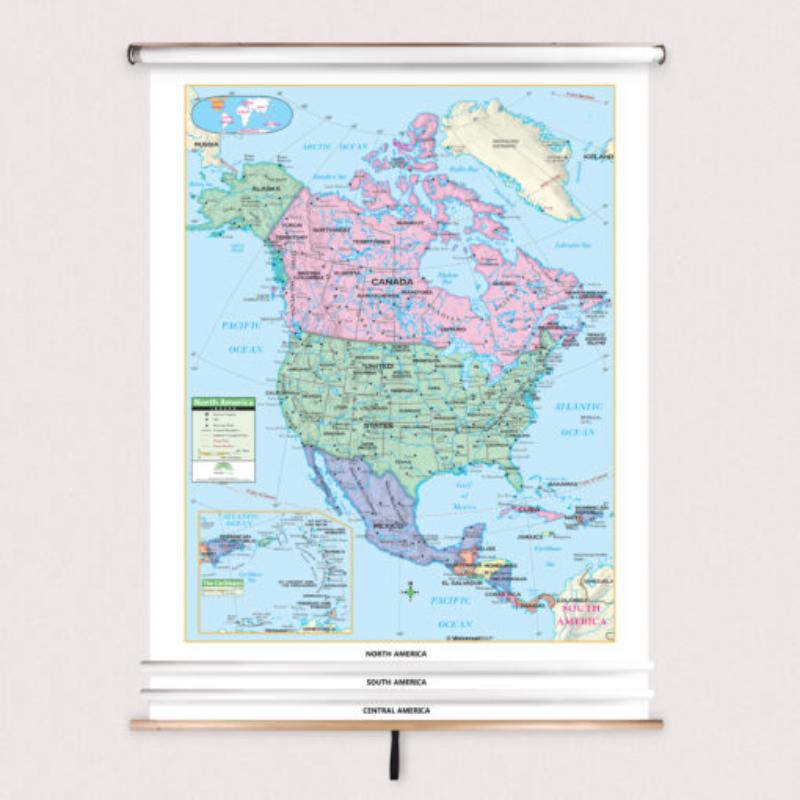Picture of The Map Shop KA-COMBO-3-WHEM-PRMRY-sr3 3-Map Western Hemisphere Primary Laminated Spring Roller Set&#44; Published 2000 - 54 x 90 in. - Full Height