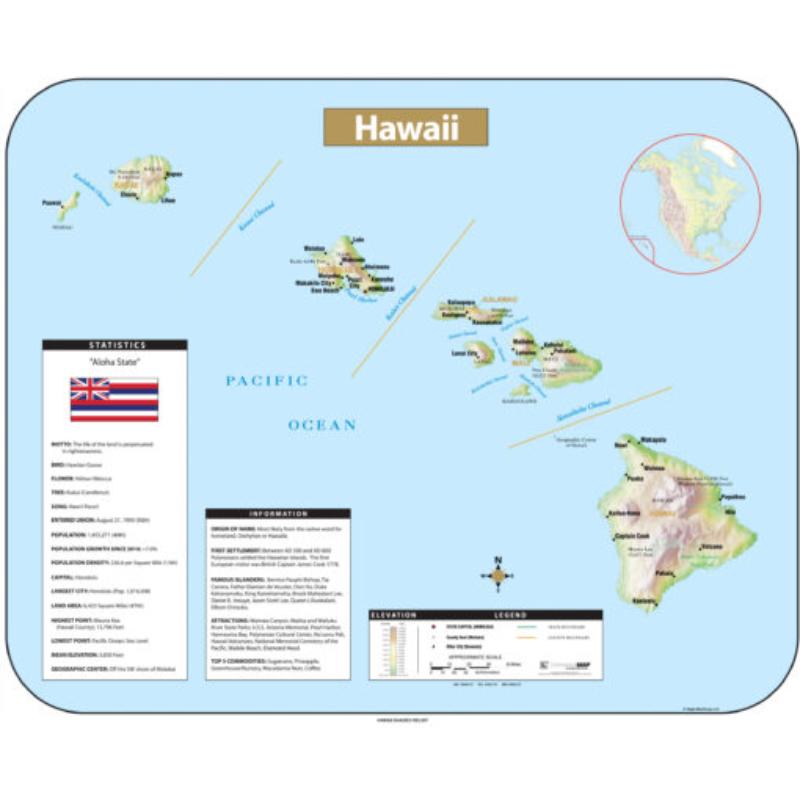 KA-S-HI-SHR-63x51-lam-rails-black Hawaii Shaded Relief State Wall Map, Laminated with Rails - Black Molding - 63 x 51.5 in.