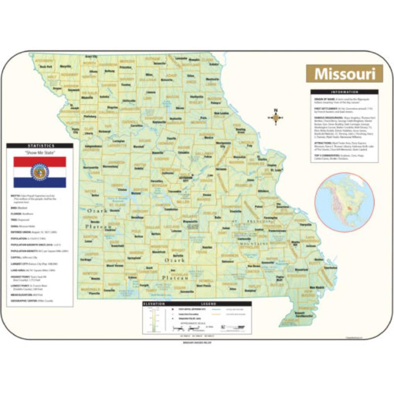 KA-S-MO-SHR-63x47-springroller-sr Missouri Shaded Relief State Wall Map, Laminated - Spring Roller - Published 2016 - 63 x 47.5 in.