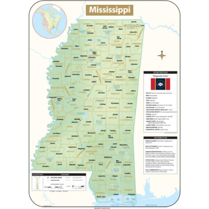 KA-S-MS-SHR-42x57-lam-rails-walnut Mississippi Shaded Relief State Wall Map, Laminated with Rails - Walnut Molding - 42 x 57 in.