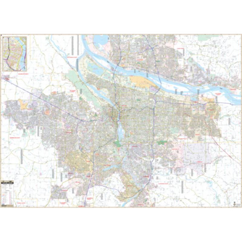 KA-C-OR-PORTLAND-lam-rails-walnut Portland, OR Wall Map, Laminated with Rails - Walnut Molding - 74.5 x 54 in.