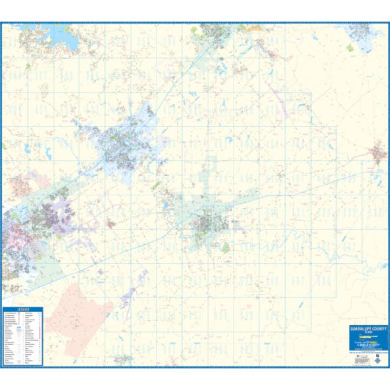 KA-C-TX-GUADALUPE-lam-rails-walnut Guadalupe County, TX Wall Map, Laminated with Rails - Walnut Molding - 64 x 57 in.