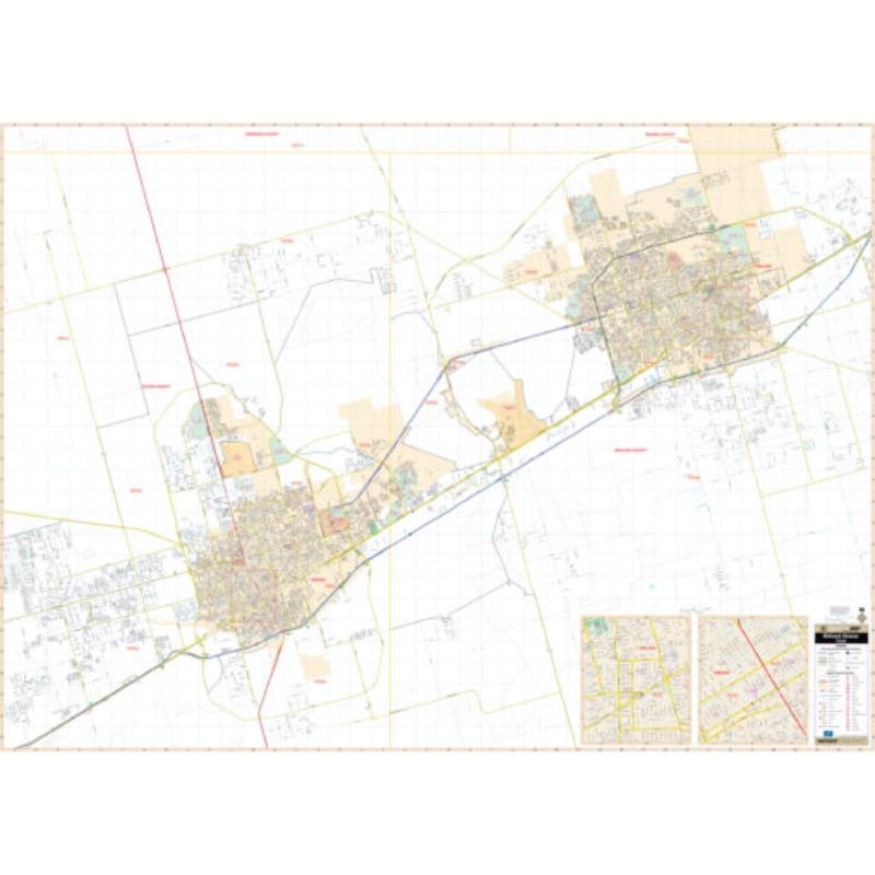 KA-C-TX-MIDLANDODESSA-lam-rails-walnut Midland & Odessa, TX Wall Map, Laminated with Rails - Walnut Molding - 72 x 52 in.
