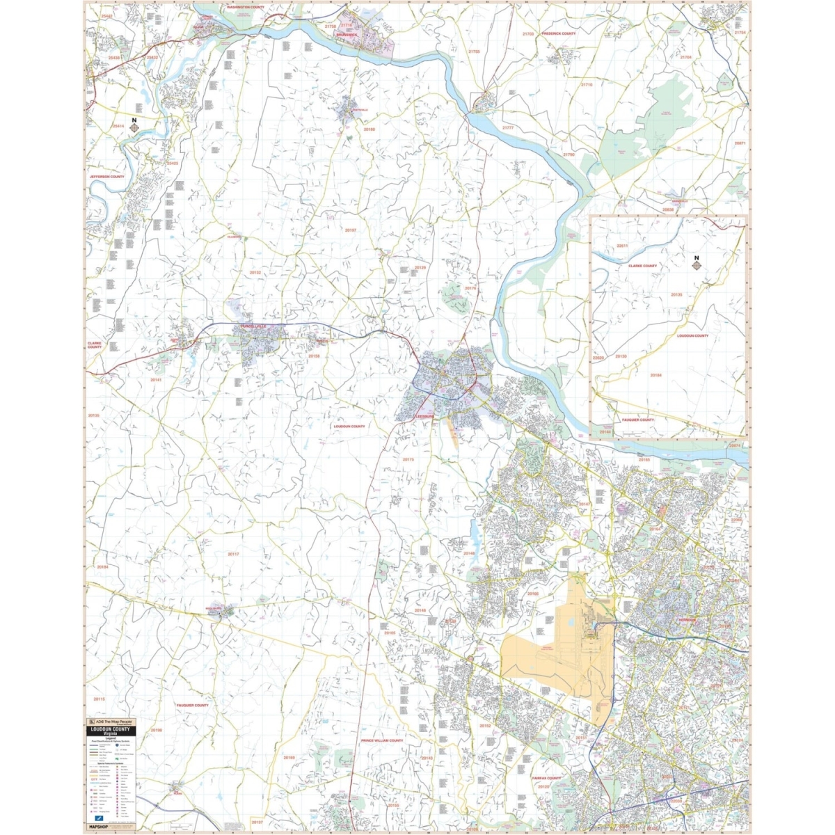 KA-C-VA-LOUDON-lam-rails-walnut Loudon County, VA Wall Map, Laminated with Rails - Walnut Molding - 57 x 70.75 in.