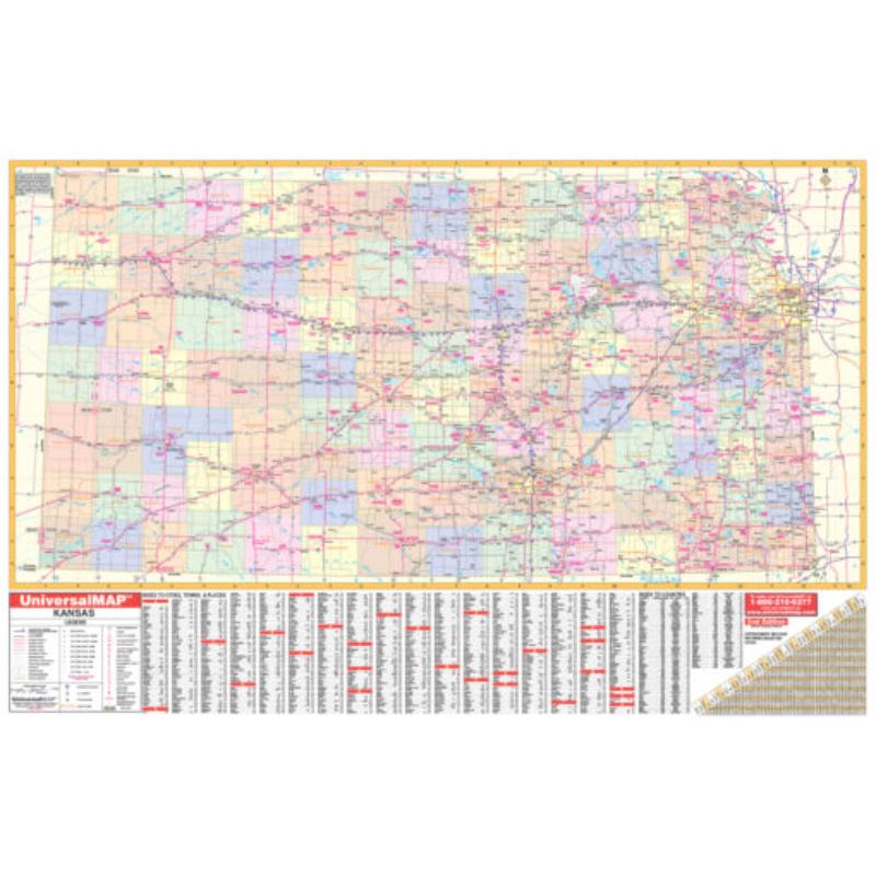KA-S-KS-WALL-lam-rails-walnut Kansas State Wall Map, Laminated with Rails - Walnut Molding - 61 x 42 in.