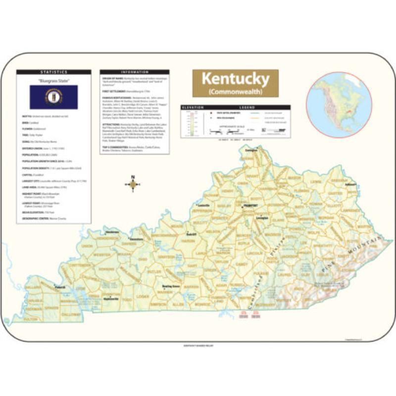 KA-S-KY-SHR-63x47-springroller-sr Kentucky Shaded Relief State Wall Map, Laminated - Spring Roller - Published 2016 - 63 x 47.5 in.