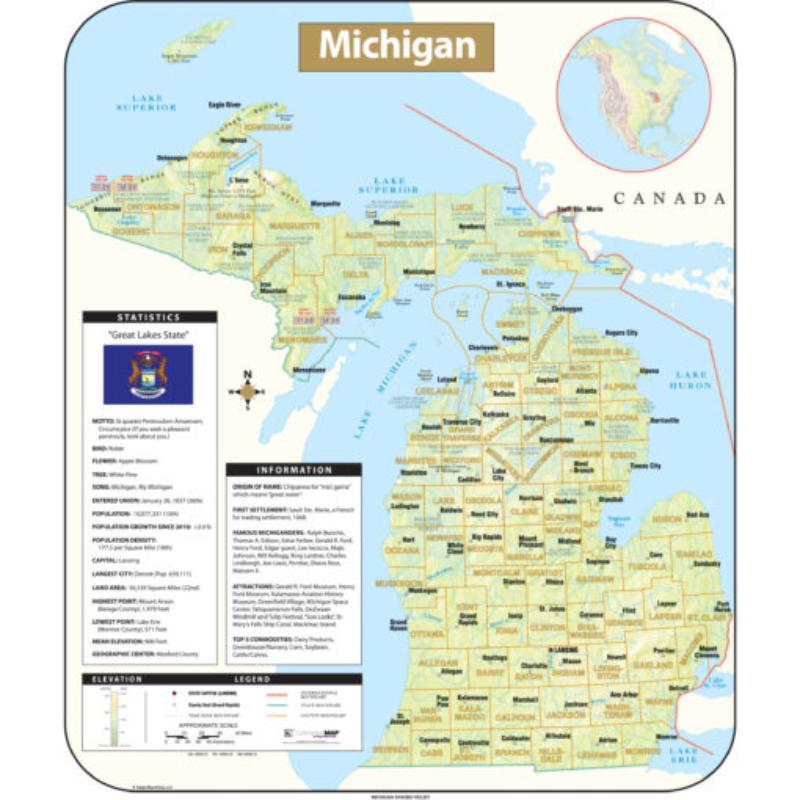 KA-S-MI-SHR-42x49-springroller-sr Michigan Shaded Relief State Wall Map, Laminated - Spring Roller - Published 2016 - 42 x 49.5 in.