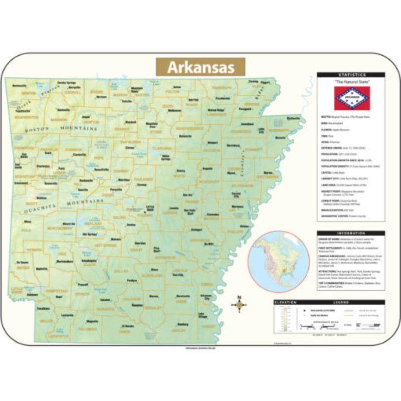 KA-S-AR-SHR-63x47-springroller-sr Arkansas Shaded Relief State Wall Map, Laminated - Spring Roller - Published 2016 - 63 x 47.5 in.