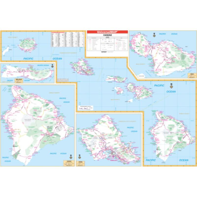 KA-S-HI-WALL-lam-rails-walnut Hawaii State Wall Map, Laminated with Rails - Walnut Molding - 57.5 x 40.5 in.