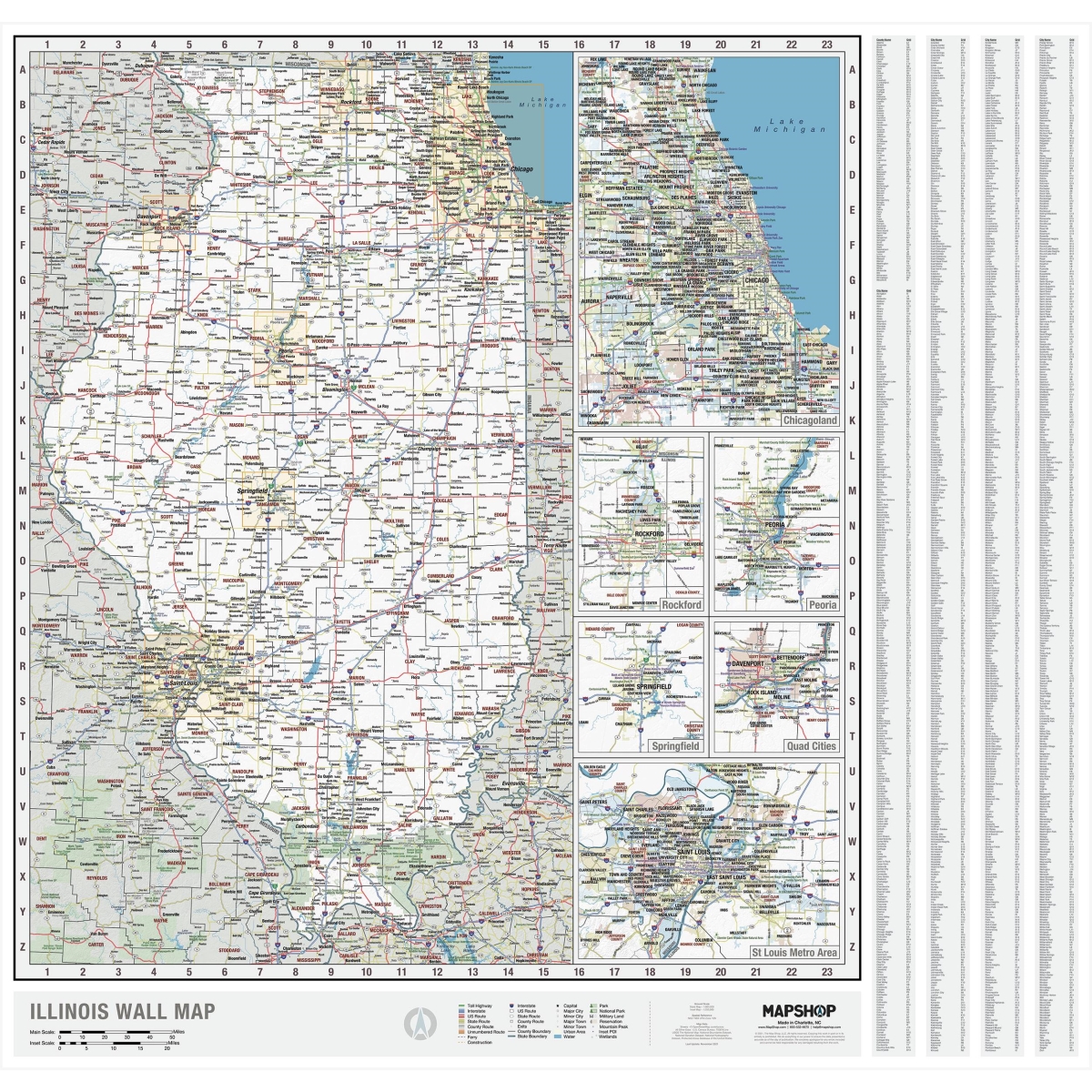 KA-S-IL-WALL-lam-rails-walnut Illinois State Wall Map, Laminated with Rails - Walnut Molding - Published 2021 - 50 x 67 in.