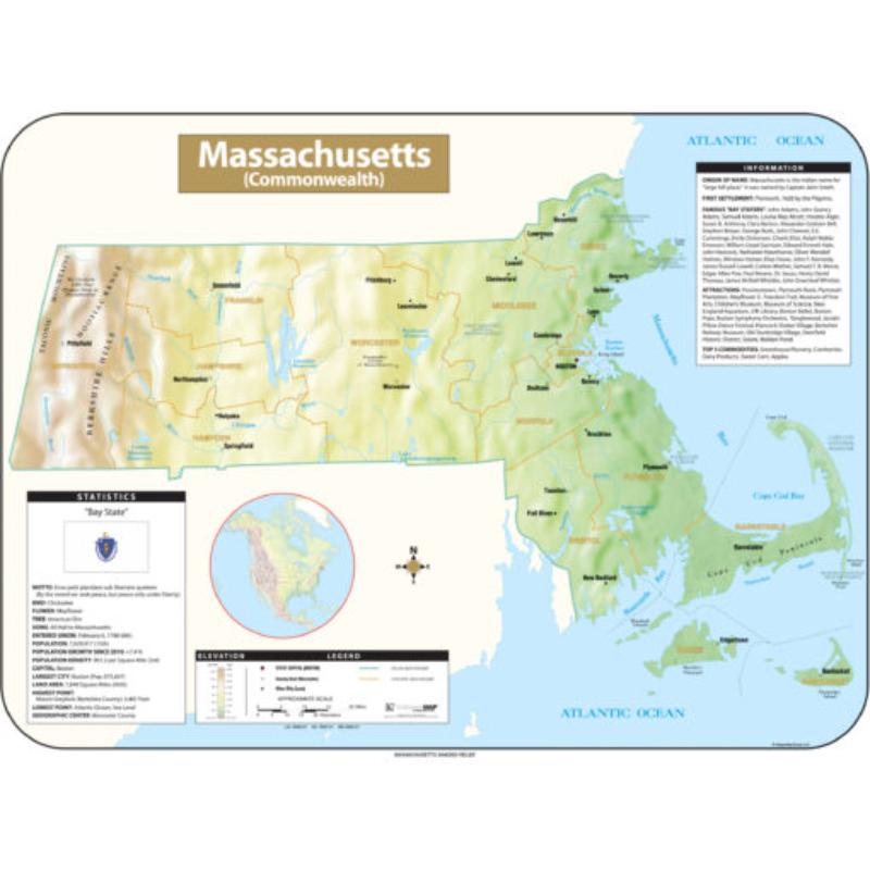 KA-S-MA-SHR-63x47-springroller-sr Massachusetts Shaded Relief State Wall Map, Laminated - Spring Roller - Published 2016 - 63 x 47.5 in.