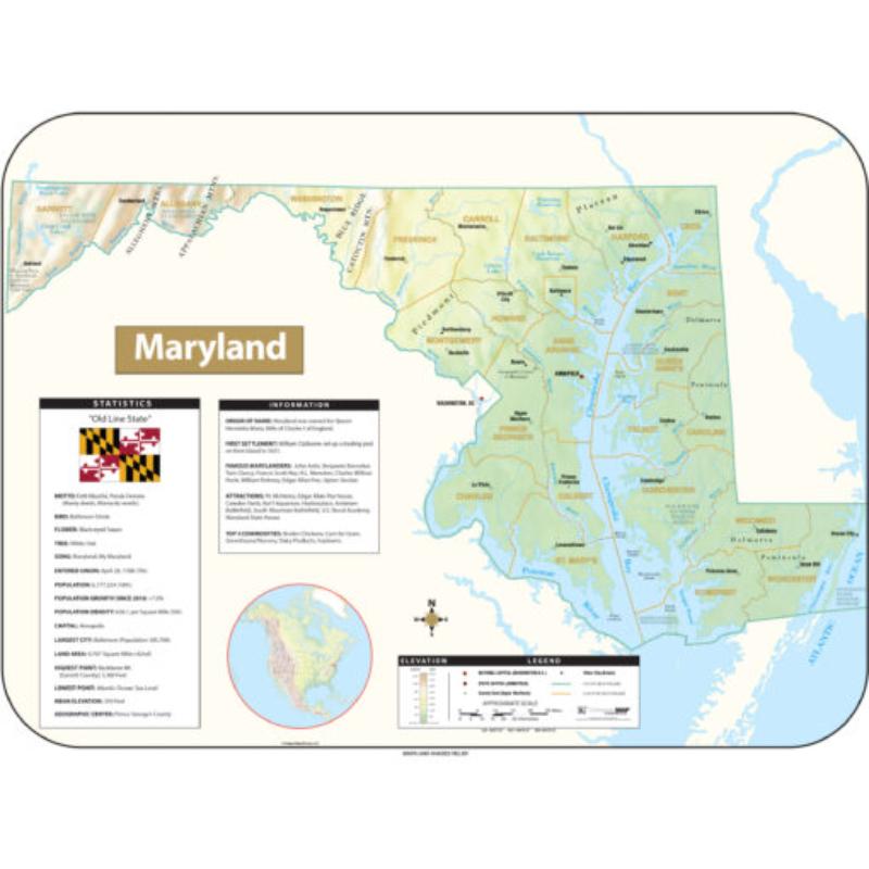 KA-S-MD-SHR-63x47-springroller-sr Maryland Shaded Relief State Wall Map, Laminated - Spring Roller - Published 2016 - 63 x 47.5 in.