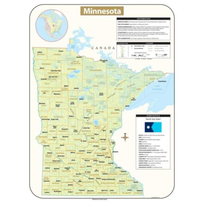 KA-S-MN-SHR-42x56-lam-rails-walnut Minnesota Shaded Relief State Wall Map, Laminated with Rails - Walnut Molding - 42 x 56 in.
