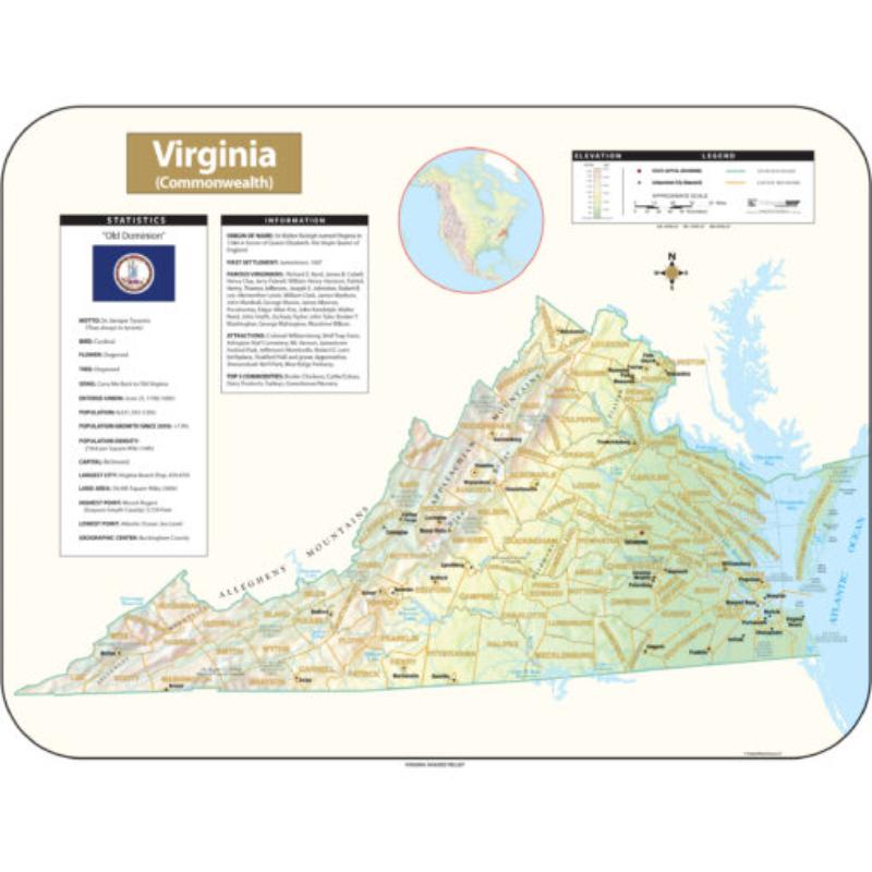 KA-S-VA-SHR-63x48-springroller-sr Virginia Shaded Relief State Wall Map, Laminated - Spring Roller - Published 2016 - 63 x 48.5 in.