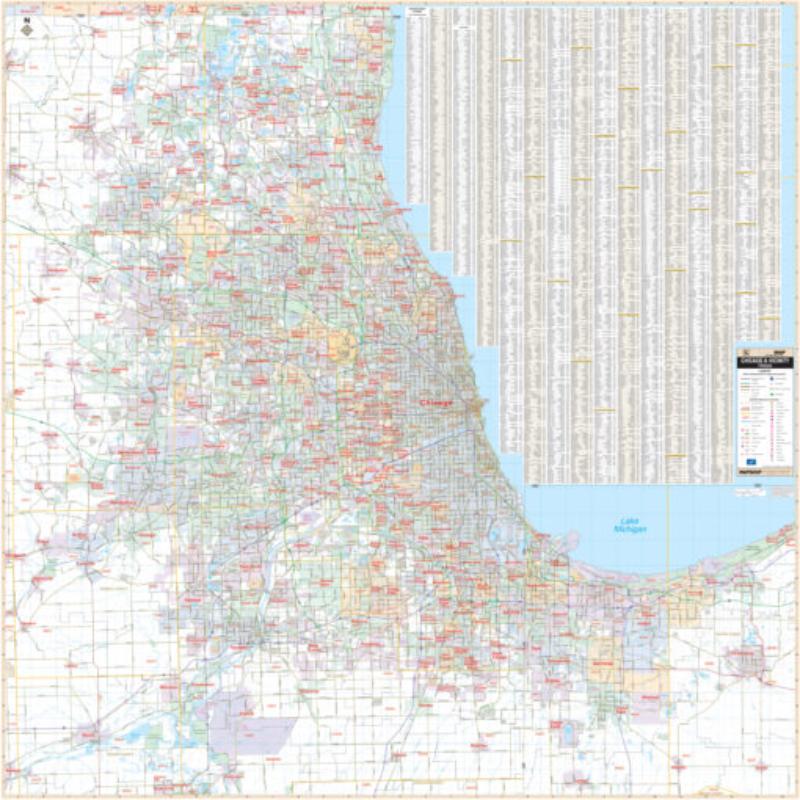 KA-C-IL-CHICAGOVICINITY-lam-rails-walnut Chicago, IL Vicinity Wall Map, Laminated with Rails - Walnut Molding - 54 x 54 in.