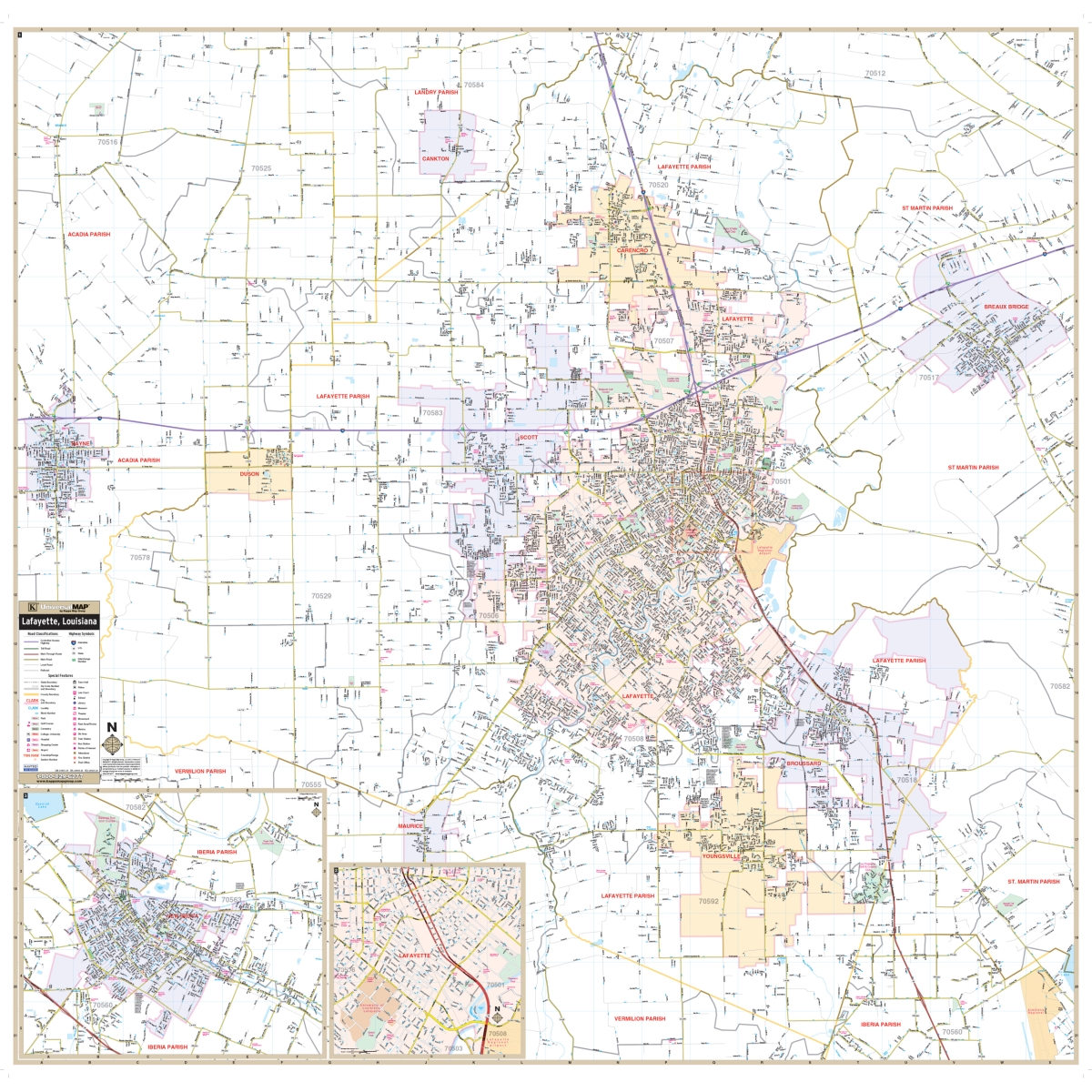 KA-C-LA-LAFAYETTE-springroller-sr Lafayette Parish, LA Wall Map - 55.25 x 54 in.