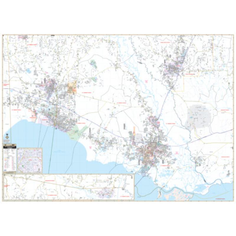 KA-C-LA-STTAMMANY-lam-rails-walnut St Tammany Parish, LA Wall Map, Laminated with Rails - Walnut Molding - 74.5 x 54 in.