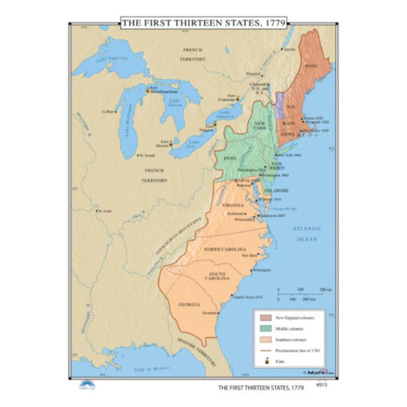 KA-HIST-015-springroller-sr No.015 The First Thirteen States, 1779 Map, Laminated - Spring Roller - Published 2005 - 36 x 49.75 in.