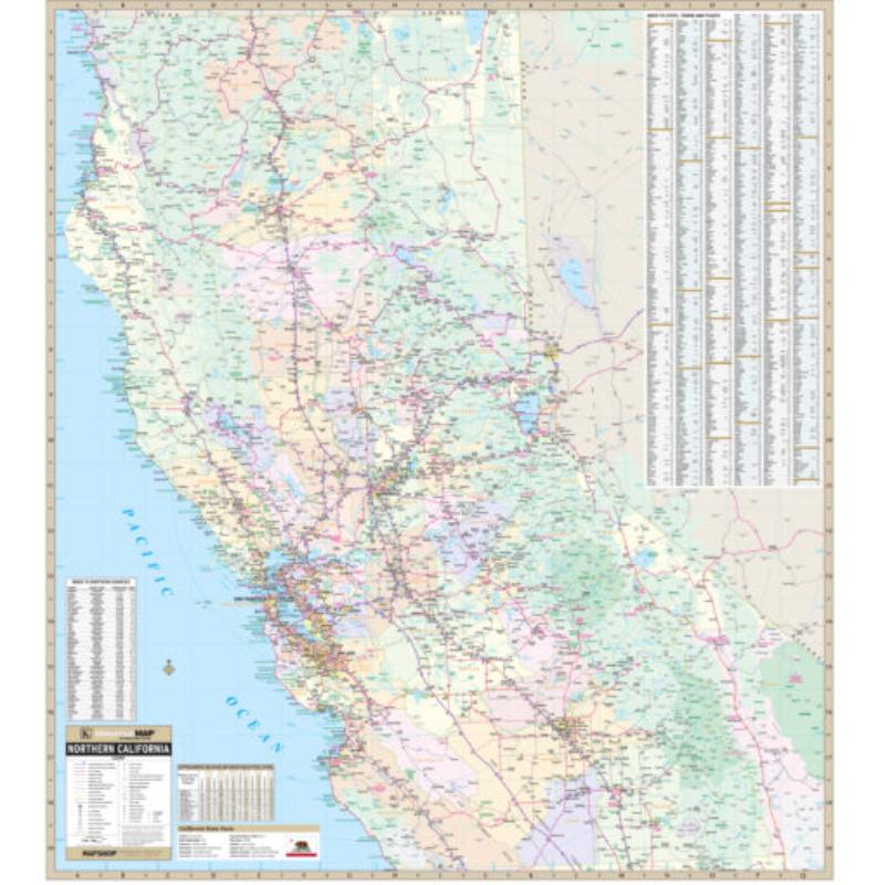 KA-R-CA-NORTHERN-lam-rails-black Northern California Regional Wall Map, Laminated with Rails - Black Molding - 54 x 61 in.
