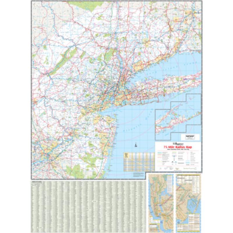 York City 75-Mile Radius Tri-State Area Regional Wall Map, Laminated - Spring Roller - Published 2011 - 48 x 64 in.