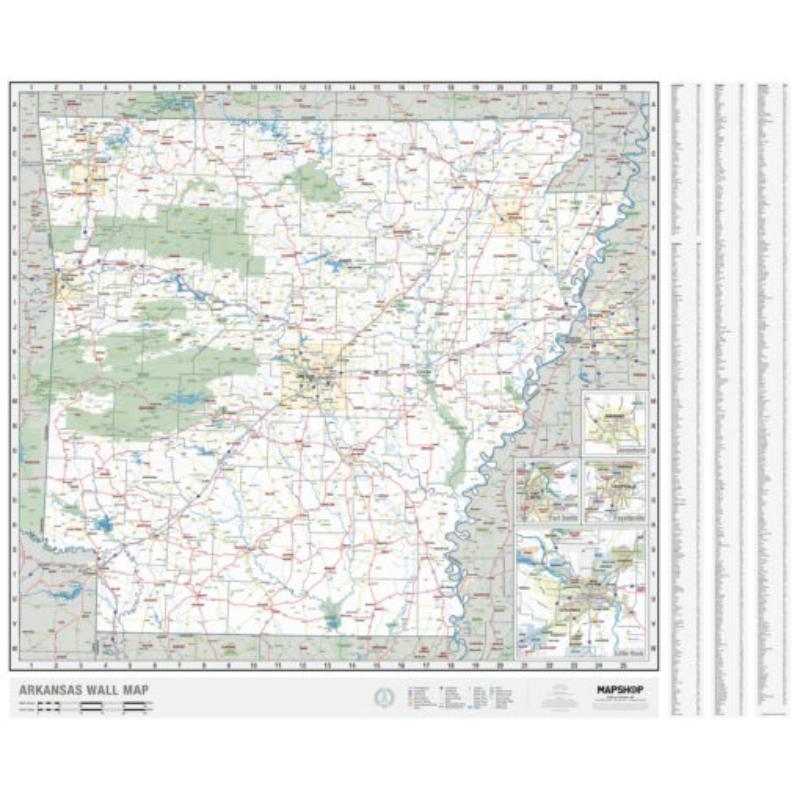 KA-S-AR-WALL-lam-rails-black Arkansas State Wall Map, Laminated with Rails - Black Molding - Published 2023 - 74 x 52 in.