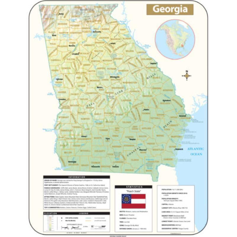 KA-S-GA-SHR-42x55-lam-rails-black Georgia Shaded Relief State Wall Map, Laminated with Rails - Black Molding - 42 x 55 in.