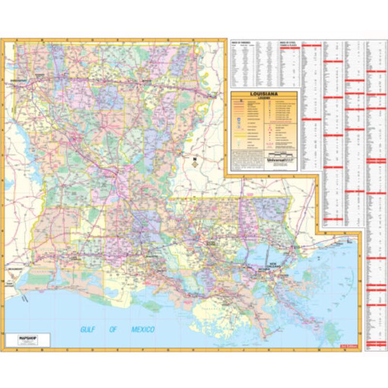 KA-S-LA-WALL-springroller-sr Louisiana State Wall Map, Laminated - Spring Roller - Published 2006 - 60 x 50 in.