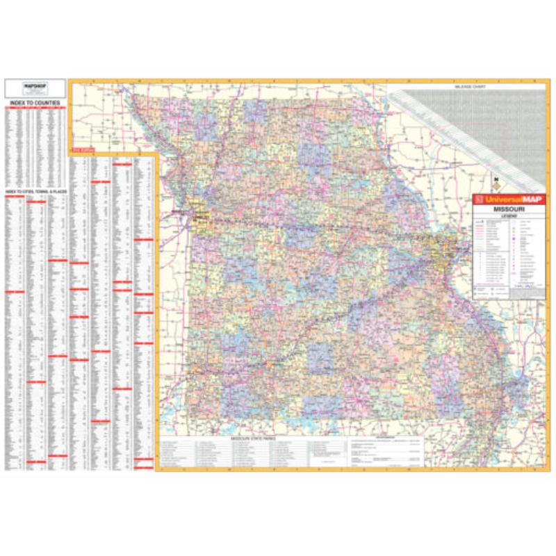 KA-S-MO-WALL-lam-rails-walnut Missouri State Wall Map, Laminated with Rails - Walnut Molding - 66 x 48 in.