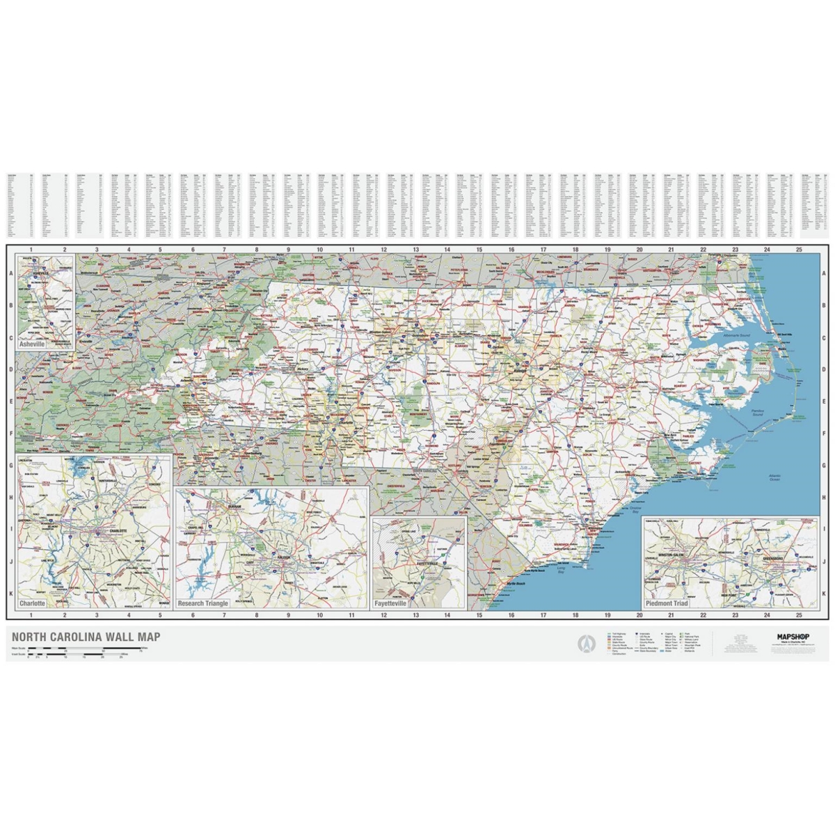 KA-S-NC-WALL-springroller-sr North Carolina State Wall Map, Laminated - Spring Roller - Published 2022 - 67.5 x 42 in.