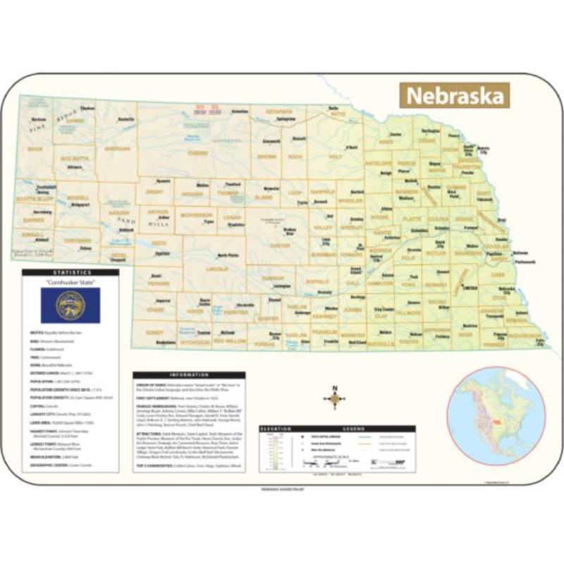 KA-S-NE-SHR-63x47-springroller-sr Nebraska Shaded Relief State Wall Map, Laminated - Spring Roller - Published 2016 - 63 x 47.5 in.