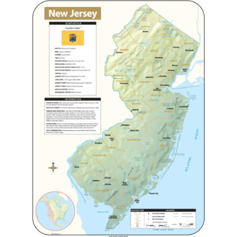 KA-S-NJ-SHR-54x73-springroller-sr Jersey Shaded Relief State Wall Map, Laminated - Spring Roller - Published 2016 - 54 x 73 in.