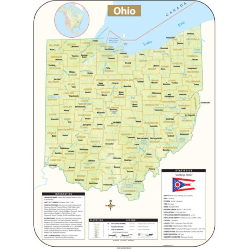 KA-S-OH-SHR-54x73-springroller-sr Ohio Shaded Relief State Wall Map, Laminated - Spring Roller - Published 2016 - 54 x 73 in.