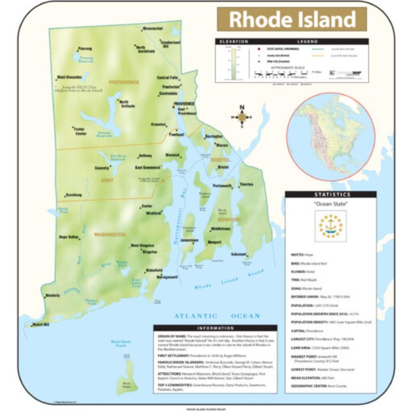 KA-S-RI-SHR-42x45-springroller-sr Rhode Island Shaded Relief State Wall Map, Laminated - Spring Roller - Published 2016 - 42 x 45.25 in.