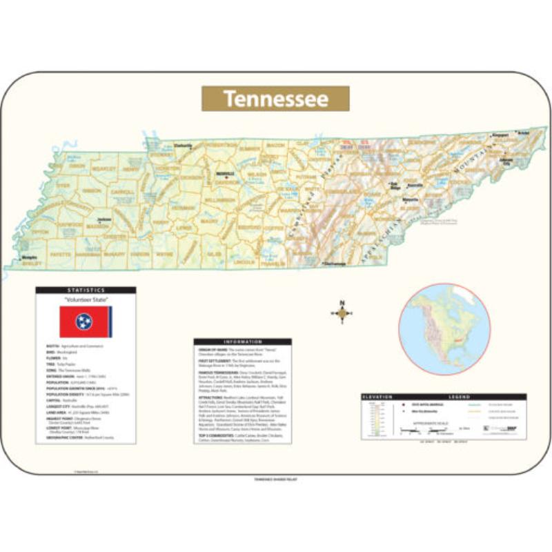KA-S-TN-SHR-63x47-springroller-sr Tennessee Shaded Relief State Wall Map, Laminated - Spring Roller - Published 2016 - 63 x 47.5 in.