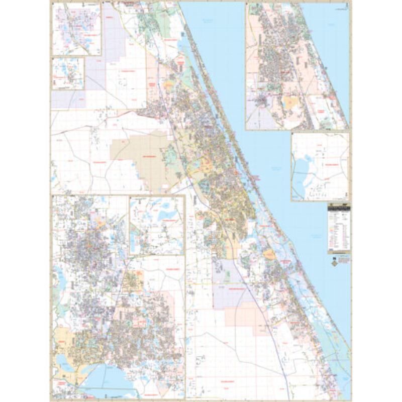 KA-C-FL-DAYTONABEACH-lam-rails-walnut Daytona Beach, FL Wall Map, Laminated with Rails - Walnut Molding - 57 x 75 in.