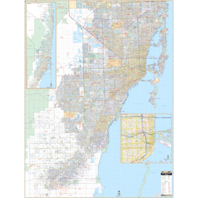 KA-C-FL-MIAMIDADE-lam-rails-walnut Miami-Dade County, FL Wall Map, Laminated with Rails - Walnut Molding - 57 x 75 in.