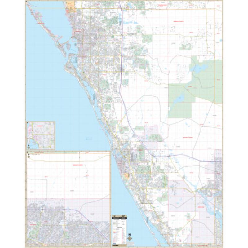 KA-C-FL-SARASOTA-lam-rails-walnut Sarasota County, FL Wall Map, Laminated with Rails - Walnut Molding - 57 x 71 in.