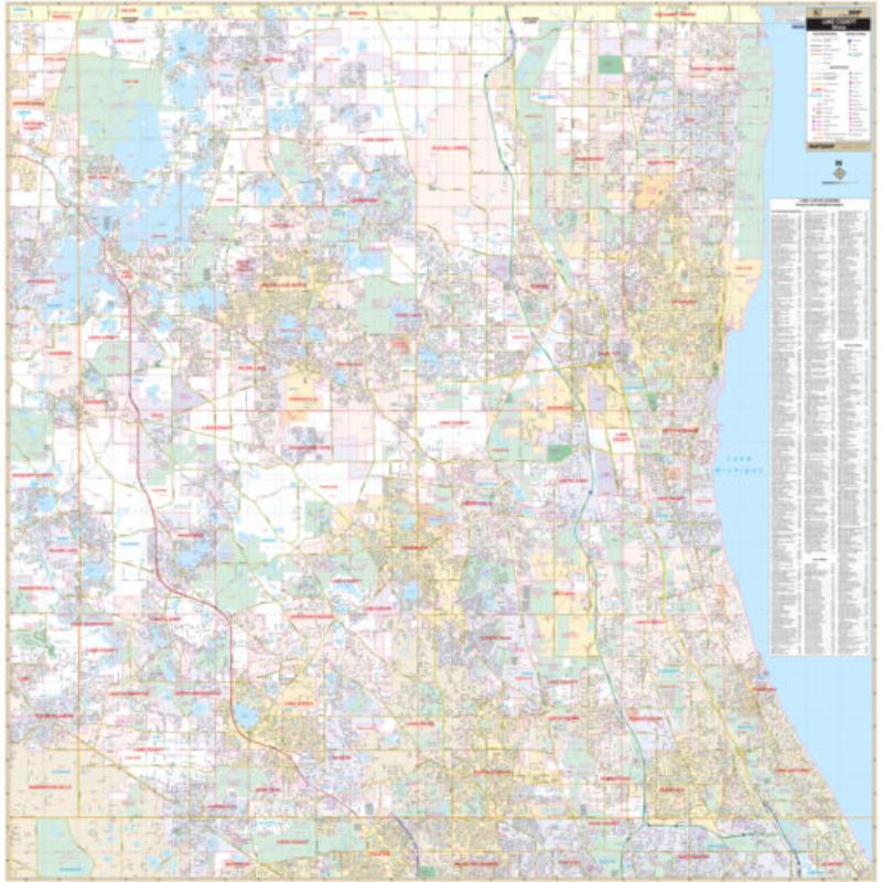 KA-C-IL-LAKE-springroller-sr Lake County, IL Wall Map, Laminated - Spring Roller - Published 2011 - 57 x 57.5 in.