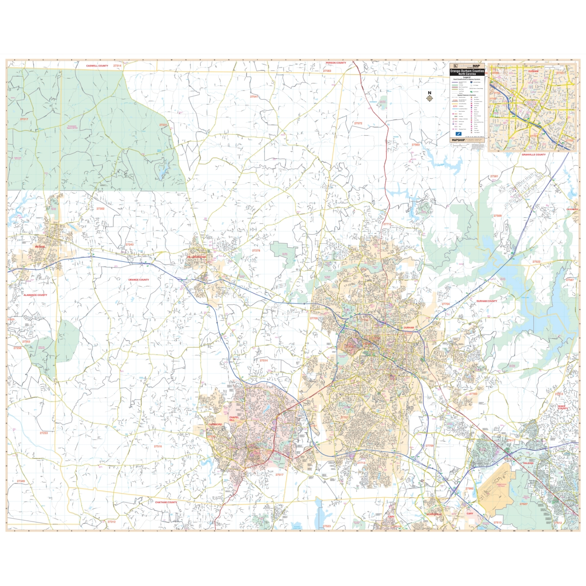 KA-C-NC-DURHAM-springroller-sr Orange & Durham Counties, NC Wall Map - 69 x 57 in.