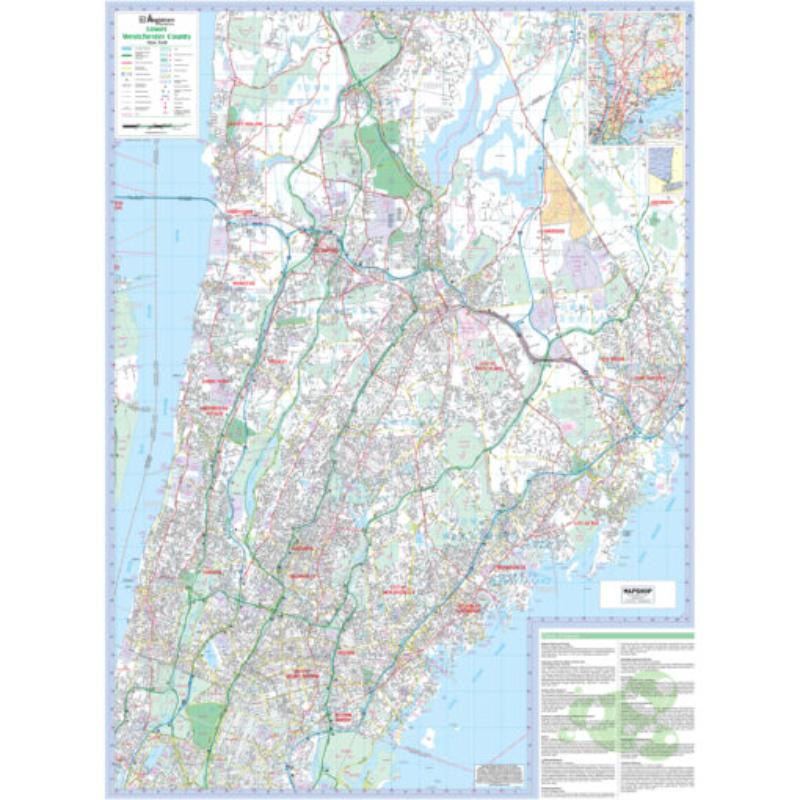 KA-C-NY-WESTCHESTERLOWER-lam-rails-black Lower Westchester County, NY Wall Map, Laminated with Rails - Black Molding - 50 x 67.5 in.