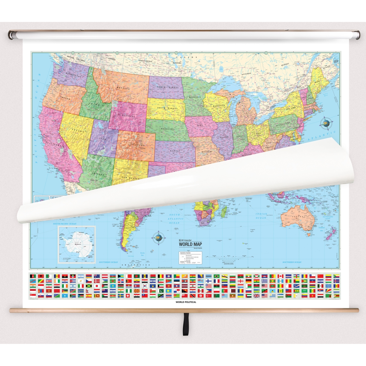 Picture of The Map Shop KA-COMBO-2-USW-ADV-POL-bb2 United States & World Advanced Political Spring Roller Set with Backboard - 63 x 54 in. Full height