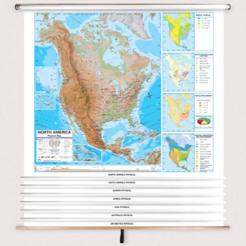 Picture of The Map Shop KA-COMBO-7-CONT-ADV-PHYS-bb7 7-Map Advanced Physical Continent Spring Roller Set with Backboard - 63 x 54 in. Full height