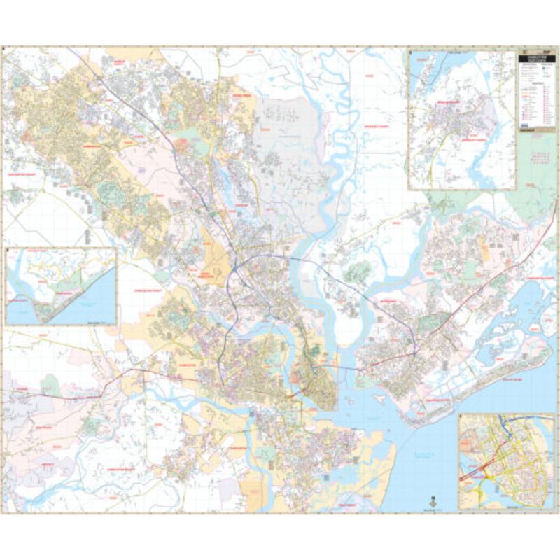 KA-C-SC-CHARLESTON-lam-rails-walnut Charleston, SC Wall Map, Laminated with Rails - Walnut Molding - 64 x 54 in.