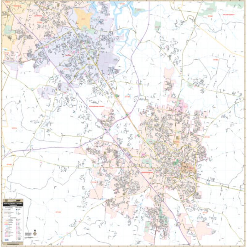 KA-C-TN-MURFREESBORO-lam-rails-black Murfreesboro & Smyrna, TN Wall Map, Laminated with Rails - Black Molding - 54 x 54.5 in.