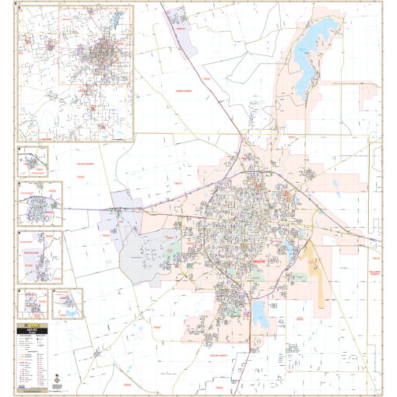 KA-C-TX-ABILENE-lam-rails-walnut Abilene, TX Wall Map, Laminated with Rails - Walnut Molding - 54 x 57.5 in.