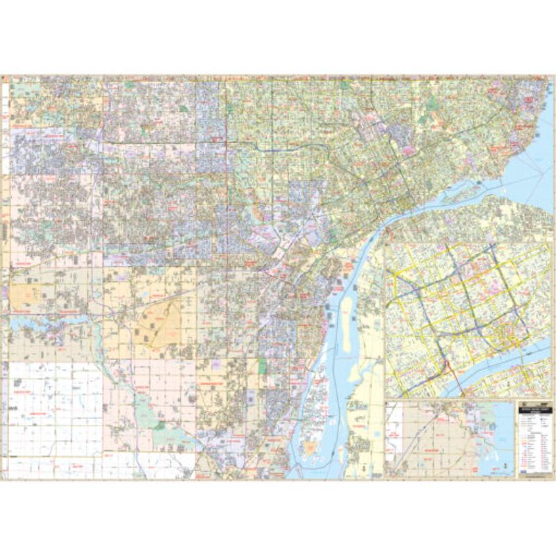 KA-C-MI-DETROIT-springroller-sr Detroit & Wayne County, Michigan Wall Map, Laminated - Spring Roller - Published 2014 - 73.25 x 54 in.