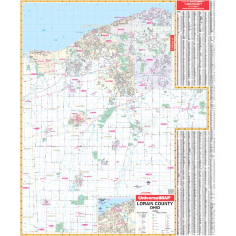 KA-C-OH-LORAIN-lam-rails-walnut Lorain County, OH Wall Map, Laminated with Rails - Walnut Molding - 45 x 54 in.