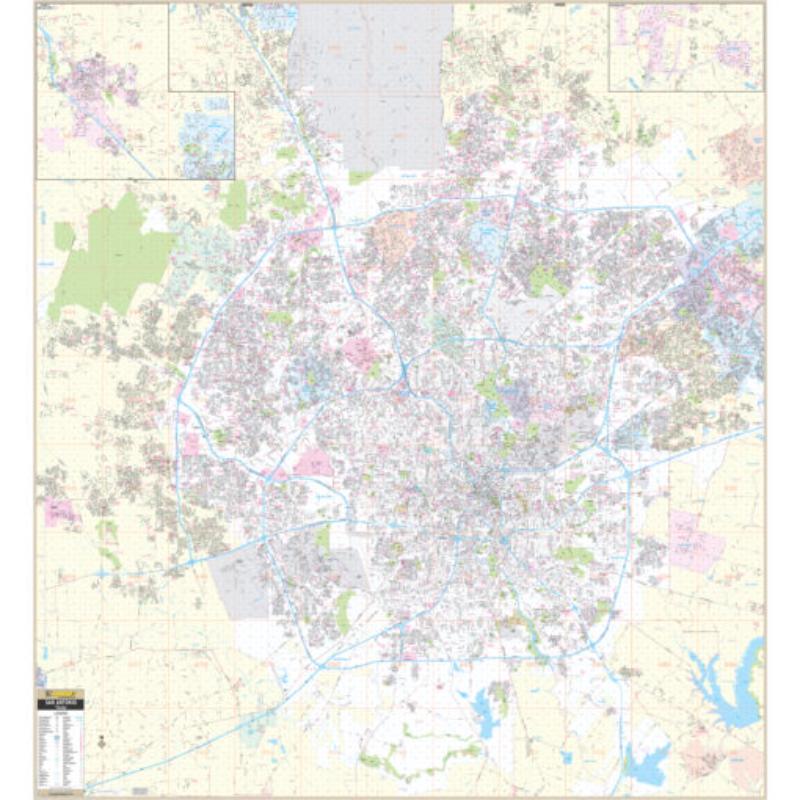 KA-C-TX-SANANTONIO-lam-rails-black San Antonio, TX Wall Map, Laminated with Rails - Black Molding - 73.5 x 80 in.